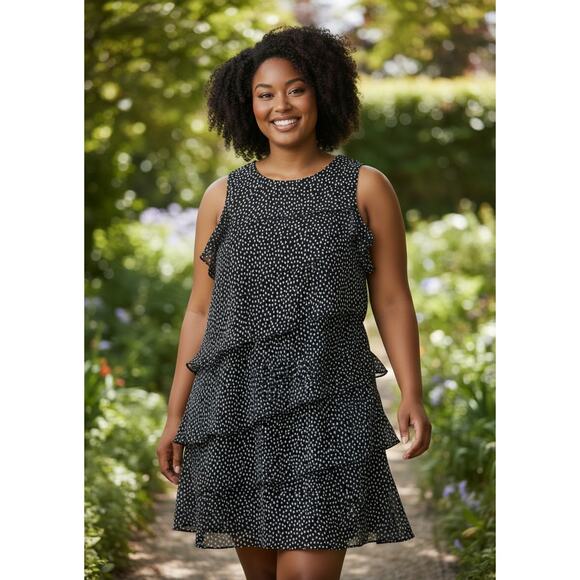 Jessica Howard Dresses & Skirts - J. HOWARD Dress Tiered White Polka Dots on Black Sleeveless Chiffon - Size 24W